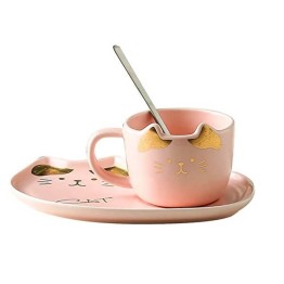 Κεραμικό σετ Κούπα και Πιατάκι για Μπισκότο Ροζ Χρυσό - Cat Ceramic Mug with Tray