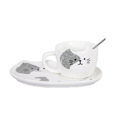 Κεραμικό σετ Κούπα και Πιατάκι για Μπισκότο Λευκό Γκρι- Cat Ceramic Mug with Tray