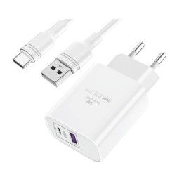 Φορτιστής με Θύρα USB-A και Θύρα USB-C και Καλώδιο USB-C 20W Quick Charge 3.0 / Power Delivery Λευκό