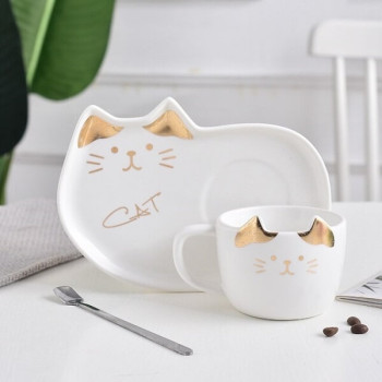 Κεραμικό σετ Κούπα και Πιατάκι για Μπισκότο Λευκό Χρυσό - Cat Ceramic Mug with Tray