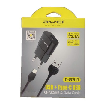 Φορτιστής Ρεύματος USB/Type-C USB Fast Charging και Data Cable Μαύρο