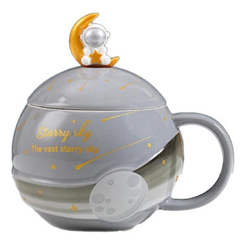 Κεραμική Κούπα 3D Starry Sky με Καπάκι και Κουταλάκι - Γκρι
