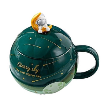 Κεραμική Κούπα 3D Starry Sky με Καπάκι και Κουταλάκι - Πράσινο