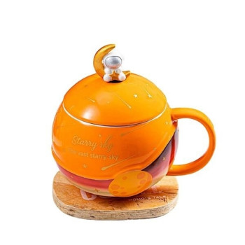 Κεραμική Κούπα 3D Starry Sky με Καπάκι και Κουταλάκι - Πορτοκαλί 