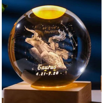 Διακοσμητική Κρυστάλλινη Σφαίρα Φωτάκι Νυχτός Ταύρος - Taurus Crystal Ball Night Lamp 8cm