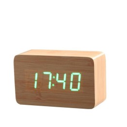 Ξύλινο Επιτραπέζιο Ρολόι Ημερολόγιο, Ξυπνητήρι, Θερμόμετρο με Αισθητήρα Ήχου Μικρό Μέγεθος