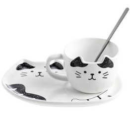 Κεραμικό σετ Κούπα και Πιατάκι για Μπισκότο Λευκό Μαύρο- Cat Ceramic Mug with Tray 