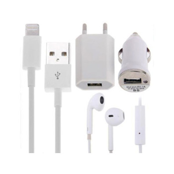 Σετ για iPhone 5 που περιλαμβάνει ακουστικά, καλώδιο usb, φορτιστής ταξιδιού, φορτιστής σπιτιού