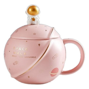 Κεραμική Κούπα 3D Space Walk με Καπάκι και Κουταλάκι - Ροζ