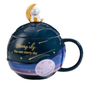 Κεραμική Κούπα 3D Starry Sky με Καπάκι και Κουταλάκι - Μπλε