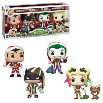 Funko POP DC Super Heroes - Superman in Holiday Sweater, Batman as Eb. Scrooge, The Joker as Santa & Harley Quinn with Helper 4-pack Vinyl Figures