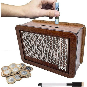 Ξύλινος DIY Κουμπαράς με Στόχο Αποταμίευσης έως 5000 Ευρώ - Καφέ