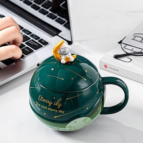 Κεραμική Κούπα 3D Starry Sky με Καπάκι και Κουταλάκι - Πράσινο