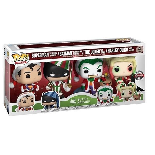 Funko POP DC Super Heroes - Superman in Holiday Sweater, Batman as Eb. Scrooge, The Joker as Santa & Harley Quinn with Helper 4-pack Vinyl Figures