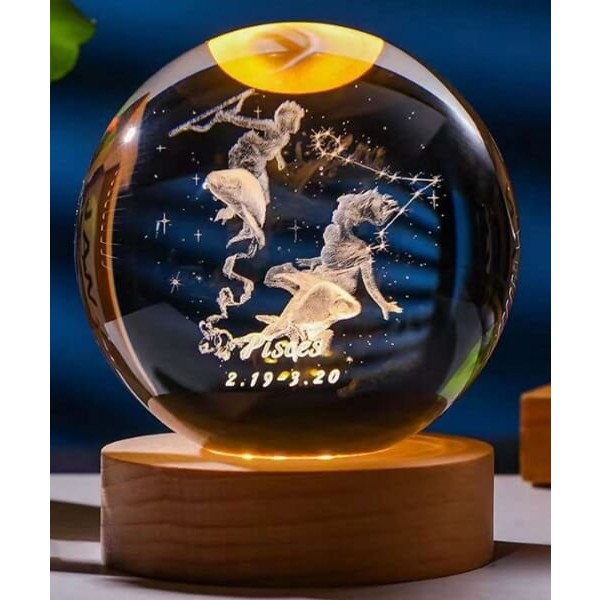 Διακοσμητική Κρυστάλλινη Σφαίρα Φωτάκι Νυχτός Ιχθείς- Pisces Crystal Ball Night Lamp 8cm