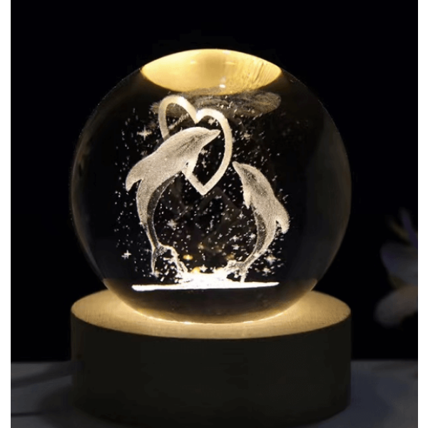 Διακοσμητική Κρυστάλλινη Σφαίρα Φωτάκι Νυχτός Dolphins Crystal Ball Night Lamp 8cm