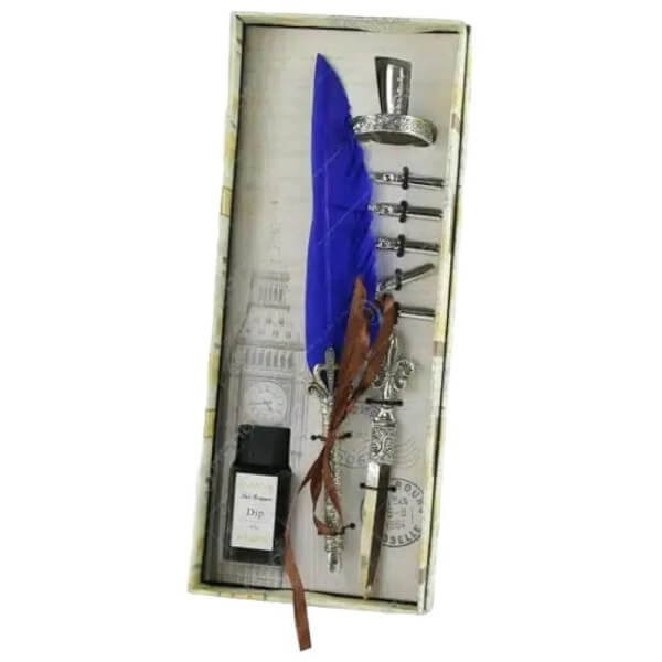 Σετ Πένα Καλλιγραφίας με Φτερό και Χαρτοκόπτη - Classic Dipping Feather Pen - Μπλε