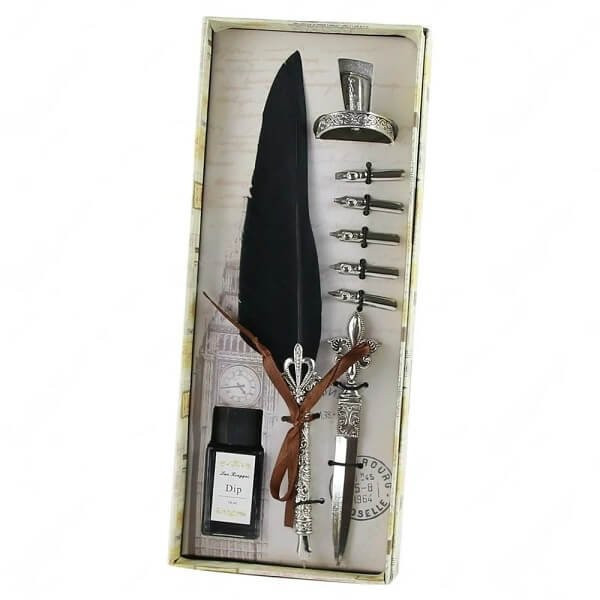 Σετ Πένα Καλλιγραφίας με Φτερό και Χαρτοκόπτη - Classic Dipping Feather Pen - Μαύρο