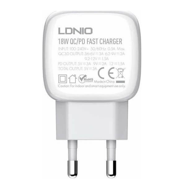 Φορτιστής με Θύρες USB-A και Θύρα USB-C και Καλώδιο type-C 18W Quick Charge 3.0 / Power Delivery Λευκό